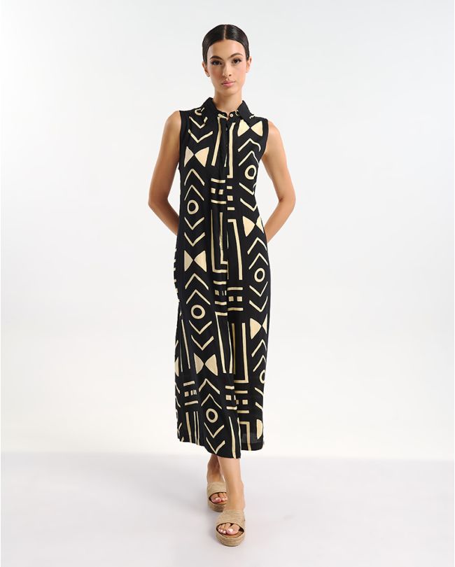 LONG JUMPSUIT IN BLACK COLOR WITH GEOMETRICAL PRINTS ONE SIZE (100% RAYON)