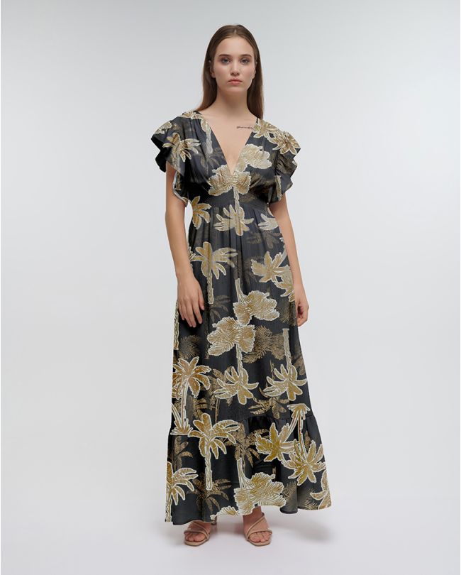 ΦΟΡΕΜΑ ΜΑΚΡΥ ΜΕ ΚΟΝΤΟ ΜΑΝΙΚΙ ΜΑΥΡΟ/ΧΡΥΣΟ ''ΦΟΙΝΙΚΕΣ'' ONE SIZE (60% SILK 40% POLYESTER)