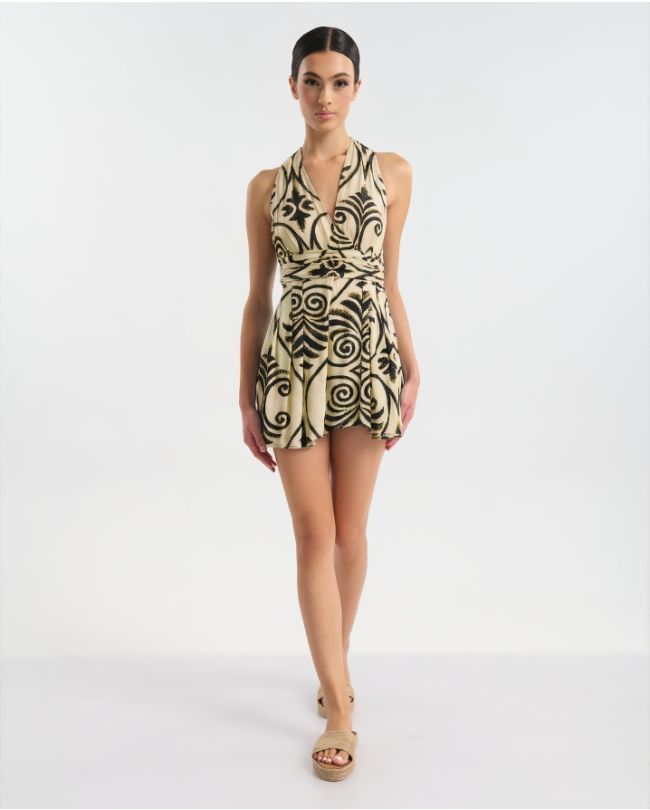 SHORT MULTIFORM DRESS ECRU WITH BLACK/GOLD DETAILS ONE SIZE (60% SILK 40% POLYESTER)