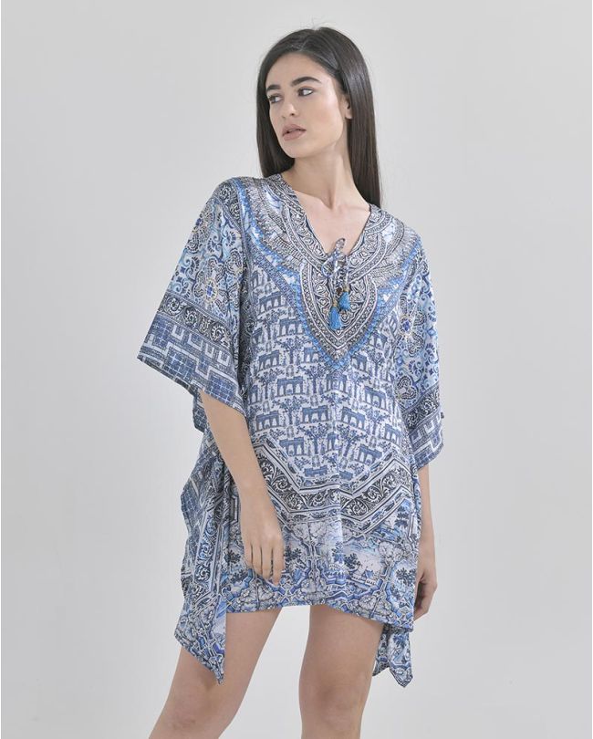 MIDI KAFTAN WITH CORDS IN BEIGE/BLUE COLOR WITH PRINTS M/L  (100% CREPE)