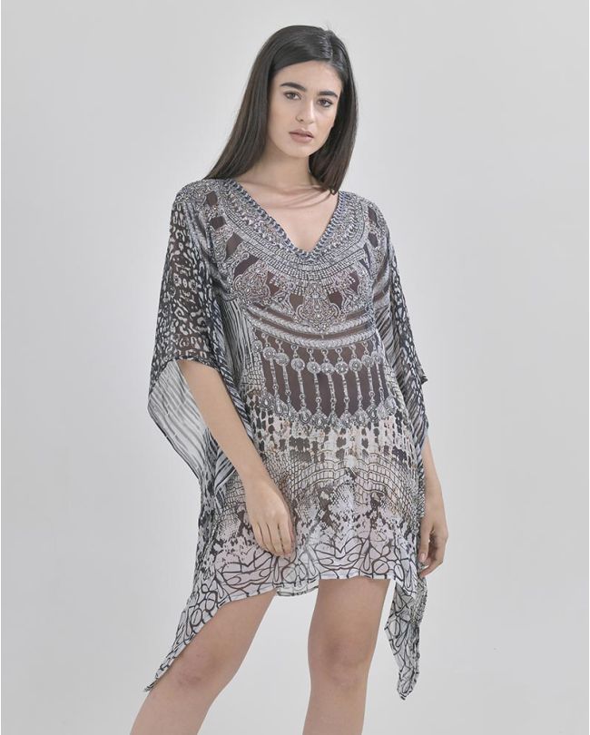 KAFTAN IN BLACK/GREY COLOR WITH PRITNS S/M  (100% GEORGETTE)