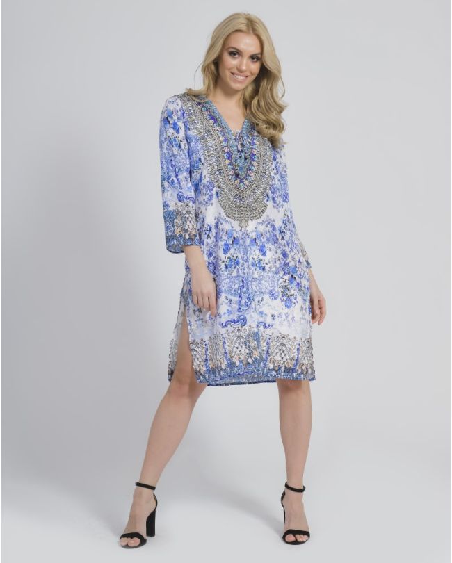 TUNIC WITH CORDS IN WHITE AND BLUE COLOR WITH PRINTS M/L (100% CREPE)