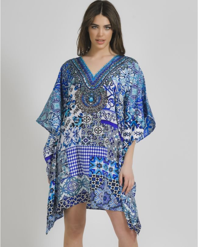 SHORT KAFTAN IN WHITE AND BLUE COLOR WITH PRINTS M/L (100% CREPE)