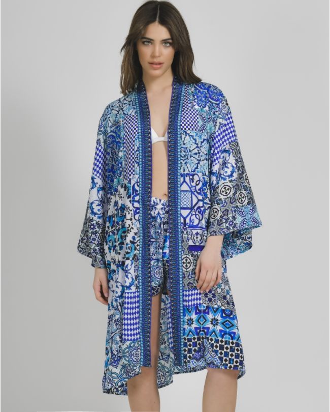 SHORT KIMONO WITH LONG SLEEVES IN WHITE AND BLUE COLOR WITH PRINTS ONE SIZE (100% CREPE)