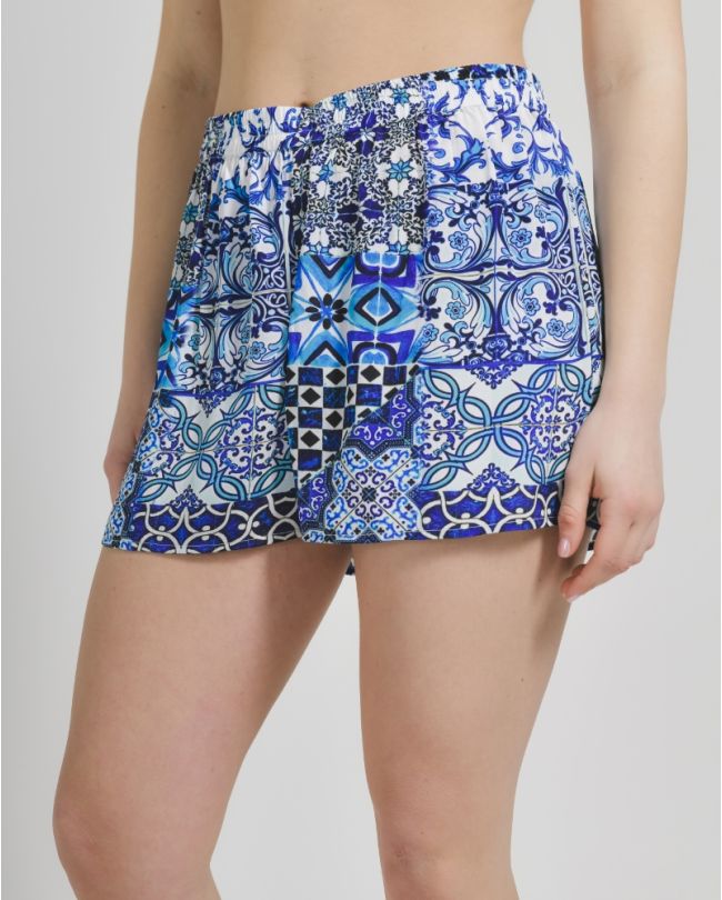 SHORTS IN WHITE AND BLUE COLOR WITH PRINTS ONE SIZE (100% CREPE)