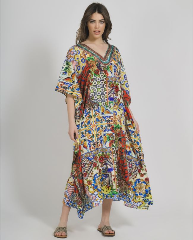 LONG KAFTAN IN YELLOW/RED COLOR WITH PRINTS S/M (100% CREPE)