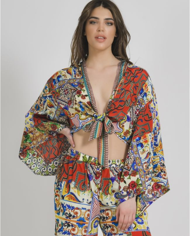 CROP TOP IN YELLOW/RED COLOR WITH PRINTS ONE SIZE (100% CREPE)