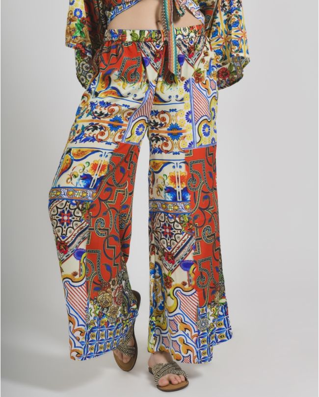 PANTS IN YELLOW/RED COLOR WITH PRINTS ONE SIZE (100% CREPE)