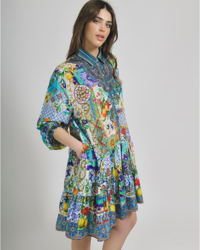 SHORT DRESS WITH LONG SLEEVES MULTICOLOR WITH PRINTS ONE SIZE (100% CREPE)