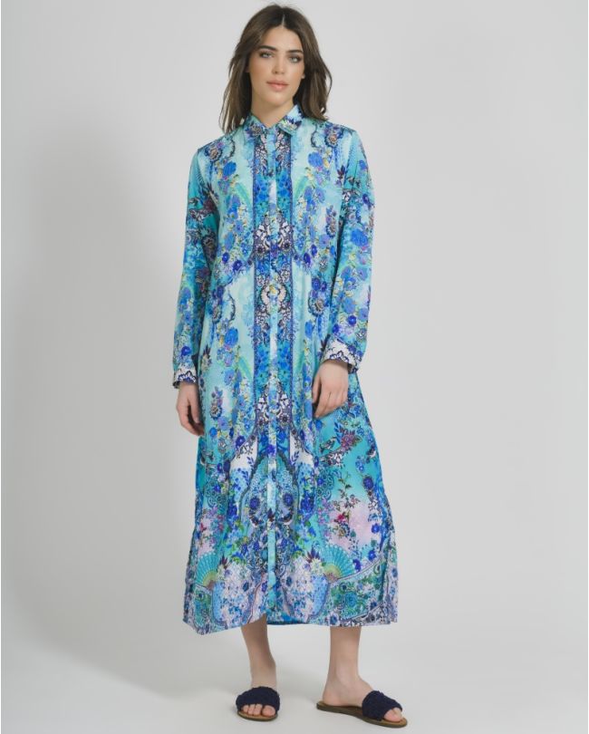 LONG SHIRT IN TURQUOISE COLOR WITH PRINTS S/M (100% CREPE)
