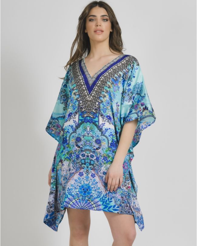 SHORT KAFTAN IN TURQUOISE COLOR WITH PRINTS S/M (100% CREPE)