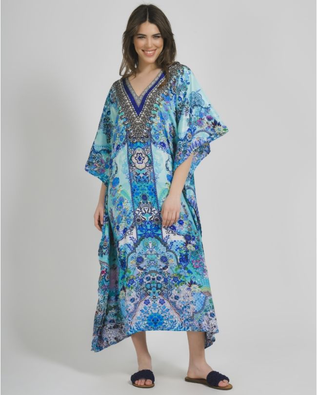 LONG KAFTAN IN TURQUOISE COLOR WITH PRINTS S/M (100% CREPE)