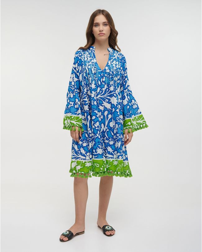 SHORT DRESS/KAFTAN IN BLUE/GREEN COLOR WITH EMBROIDERY ONE SIZE (100% COTTON)