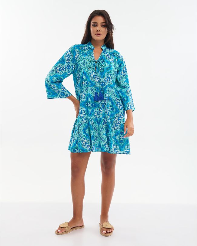 ΦΟΡΕΜΑ ΚΟΝΤΟ ΤΥΡΚΟΥΑΖ/ΜΠΛΕ ΜΕ ΚΕΝΤΗΤΕΣ ΛΕΠΤΟΜΕΡΕΙΕΣ ΚΑΙ ΧΑΝΤΡΕΣ ONE SIZE (100% COTTON)