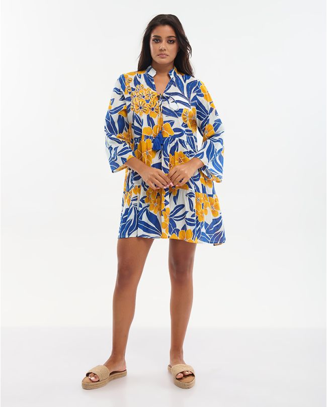 ΦΟΡΕΜΑ ΚΟΝΤΟ ΠΟΡΤΟΚΑΛΙ/ΜΠΛΕ/ΛΕΥΚΟ ΜΕ ΚΕΝΤΗΤΕΣ ΛΕΠΤΟΜΕΡΕΙΕΣ ΚΑΙ ΧΑΝΤΡΕΣ ONE SIZE (100% COTTON)