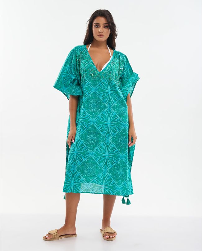 ΚΑΦΤΑΝΙ ΚΟΝΤΟ ΠΡΑΣΙΝΟ/ΤΥΡΚΟΥΑΖ ΜΕ ΚΕΝΤΗΤΕΣ ΛΕΠΤΟΜΕΡΕΙΕΣ ΚΑΙ ΧΑΝΤΡΕΣ ONE SIZE (100% COTTON)