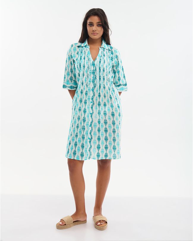 ΚΑΦΤΑΝΙ/ΠΟΥΚΑΜΙΣΑ ΚΟΝΤΗ ΓΑΛΑΖΙΟ/ΠΡΑΣΙΝΟ/ΛΕΥΚΟ ΜΕ ΚΕΝΤΗΤΕΣ ΛΕΠΤΟΜΕΡΕΙΕΣ ΚΑΙ ΧΑΝΤΡΕΣ ONE SIZE (100% COTTON)