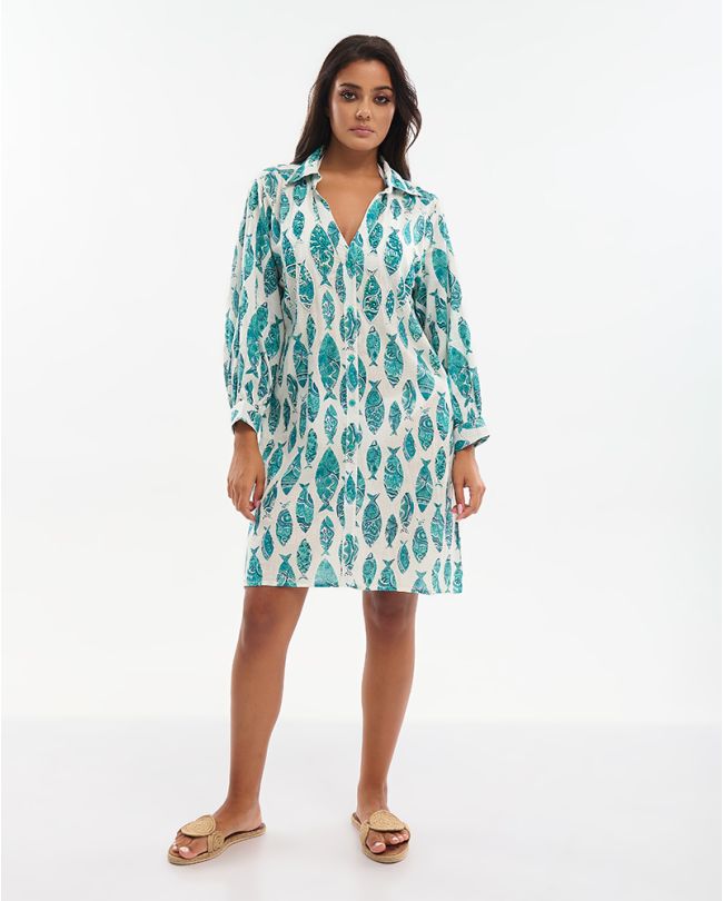 ΦΟΡΕΜΑ ΚΟΝΤΟ/ΠΟΥΚΑΜΙΣΑ ΤΥΡΚΟΥΑΖ/ΛΕΥΚΟ ''ΨΑΡΙΑ'' ΜΕ ΚΕΝΤΗΤΕΣ ΛΕΠΤΟΜΕΡΕΙΕΣ ΚΑΙ ΧΑΝΤΡΕΣ ONE SIZE (100% COTTON)