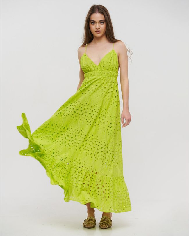 LONG SLEEVELESS CUT-OUT DRESS KIPPUR IN LIME COLOR ONE SIZE(100% COTTON)