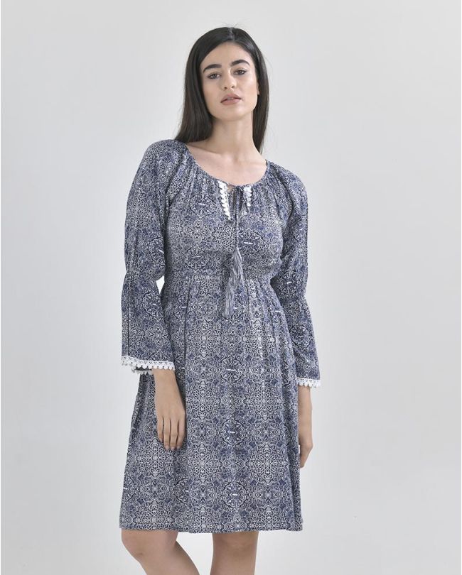 DRESS IN BLUE COLOR WITH PRINTS M/L  (100% VISCOSE)