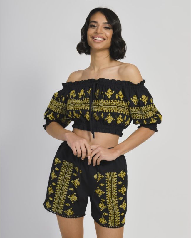S/2 TOP AND SHORTS IN BLACK COLOR WITH GOLD EMBROIDERY M/L (100% COTTON)