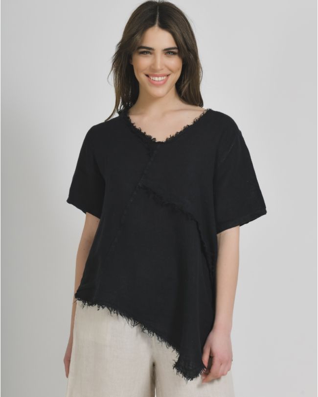 BLOUSE WITH SHORT SLEEVES IN BLACK COLOR ONE SIZE (100% LINEN)