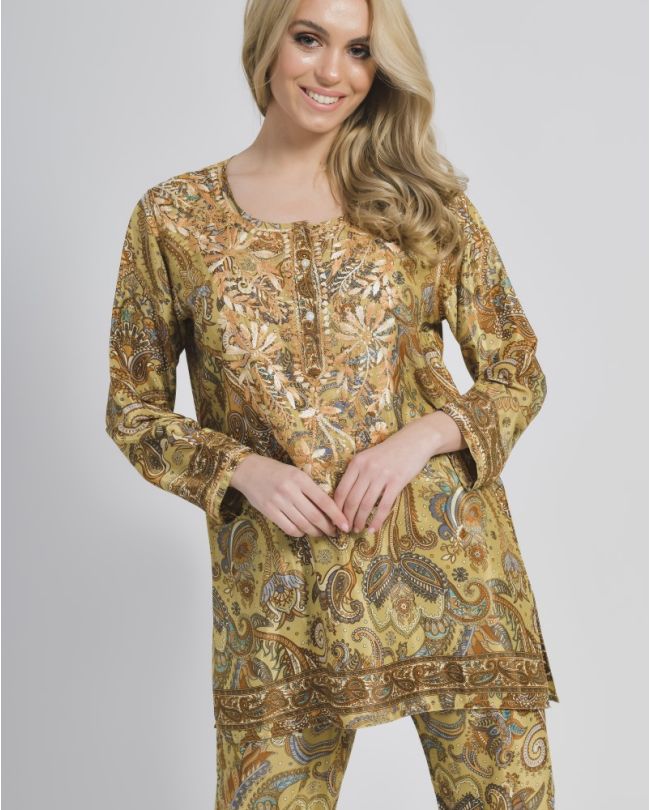 TUNIC/KAFTAN LONG WITH BEIGE/BROWN PRINTS LONG SLEEVES L/XL (28%SILK / 72% POLYESTER)