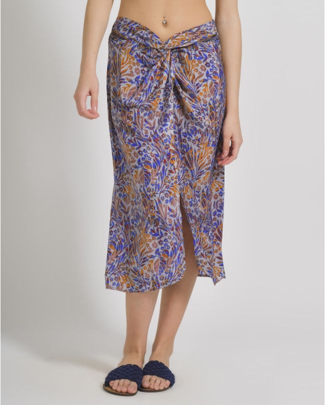 SHORT SKIRT IN BLUE/ORANGE COLOR WITH PRINTS S/M (28%SILK /72% CREPE)