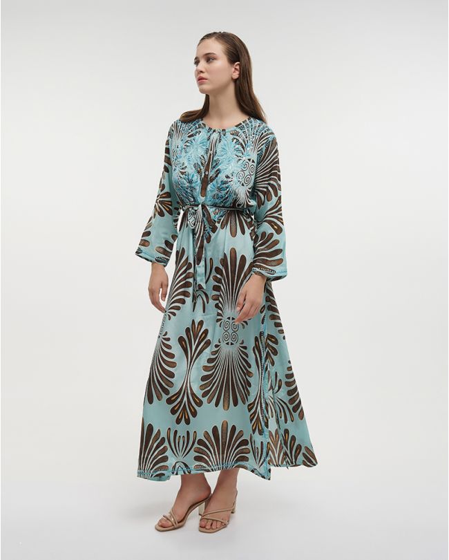 LONG DRESS IN BABY BLUE/BROWN COLOR S/M (28%SILK / 72% POLYESTER)