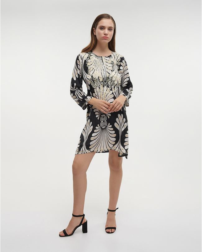 TUNIC IN BLACK/ECRU COLOR S/M (28%SILK / 72% POLYESTER)