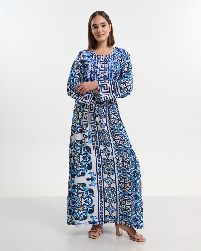 ΦΟΡΕΜΑ ΜΑΚΡΥ ΛΕΥΚΟ ΜΕ ΜΠΛΕ/ΧΡΥΣΑ ΜΟΤΙΒΑ L/XL ( 28% SILK / 72% POLYESTER)
