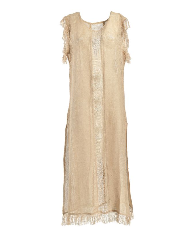 SLEEVELESS DRESS IN BEIGE COLOR WITH FRINGLES ONE SIZE (100% COTTON)