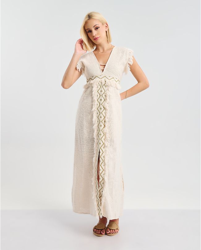 ΜΑΚΡΥ ΜΠΕΖ ΦΟΡΕΜΑ ΜΕ ΚΟΝΤΟ ΜΑΝΙΚΙ ΚΑΙ ΑΝΟΙΧΤΗ ΠΛΑΤΗ ONE SIZE (100% COTTON)