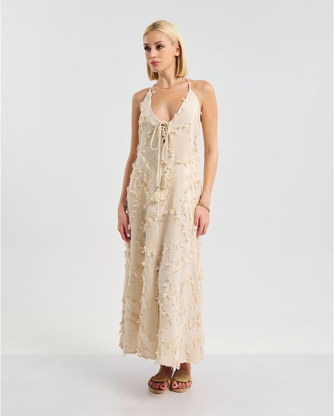 ΦΟΡΕΜΑ ΜΑΚΡΥ ΕΞΩΠΛΑΤΟ ΣΕ ΕΚΡΟΥ ΧΡΩΜΑ ΜΕ ΔΙΑΚΟΣΜΗΤΙΚΑ ΦΟΥΝΤΑΚΙΑ ONE SIZE (100% COTTON)