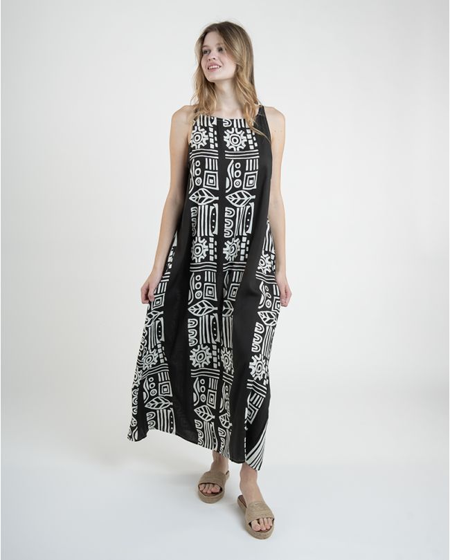 ΦΟΡΕΜΑ ΜΑΚΡΥ ΣΕ ΜΑΥΡΟ ΜΕ ΛΕΥΚΑ ΣΧΕΔΙΑ ONE SIZE  (100% RAYON)