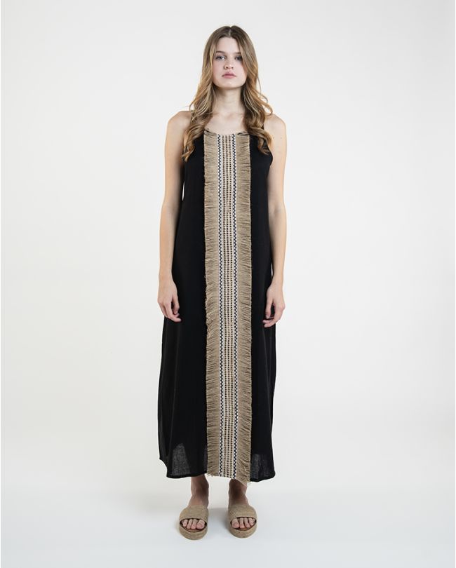 LONG DRESS IN BLACK WITH BROWN DETAILS ONE SIZE (100% COTTON)