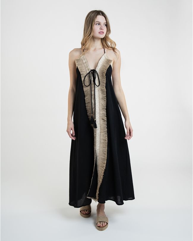 LONG BACKLESS DRESS BLACK WITH BROWN FRINGES ONE SIZE (100% COTTON)