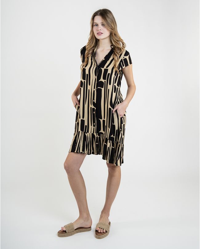 ΦΟΡΕΜΑ ΚΟΝΤΟ ΣΕ ΜΠΕΖ ΧΡΩΜΑ ΜΕ ΜΑΥΡΕΣ ΛΕΠΤΟΜΕΡΕΙΕΣ ΚΑΙ ΖΩΝΗ ONE SIZE  (100% RAYON)