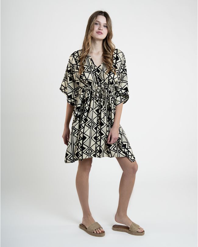 ΚΑΦΤΑΝΙ ΚΟΝΤΟ ΜΕ 3/4 ΜΑΝΙΚΙ ΣΕ ΛΕΥΚΟ ΜΕ ΜΑΥΡΑ ΣΧΕΔΙΑ ONE SIZE (100% RAYON)