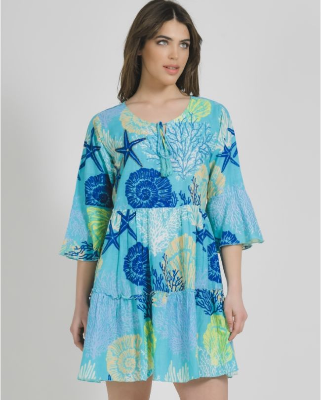 DRESS/KAFTAN IN TURQUOISE COLOR WITH CORALS AND BEADS M/L ( 100% COTTON)