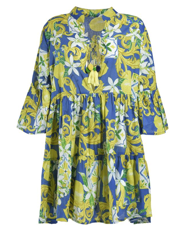 DRESS/KAFTAN IN BLUE/YELLOW COLOR WITH LEMONS S/M (100% COTTON)