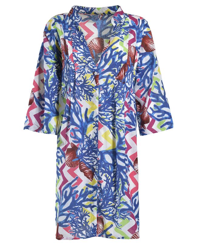 SHORT DRESS/KAFTAN WITH 3/4 SLEEVES IN BLUE COLOR WITH CORALS M/L (100% COTTON)