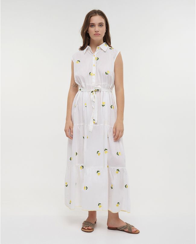 LONG SLEEVELESS DRESS IN WHITE COLOR WITH LEMONS AND BELT ONE SIZE (100% COTTON)