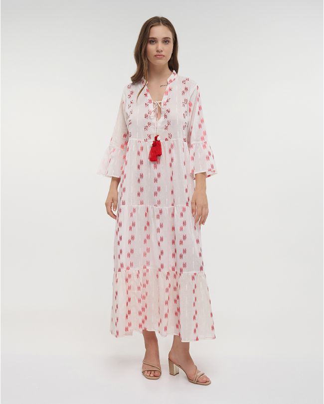 LONG DRESS/KAFTAN IN WHITE/RED COLOR ONE SIZE (100% COTTON)