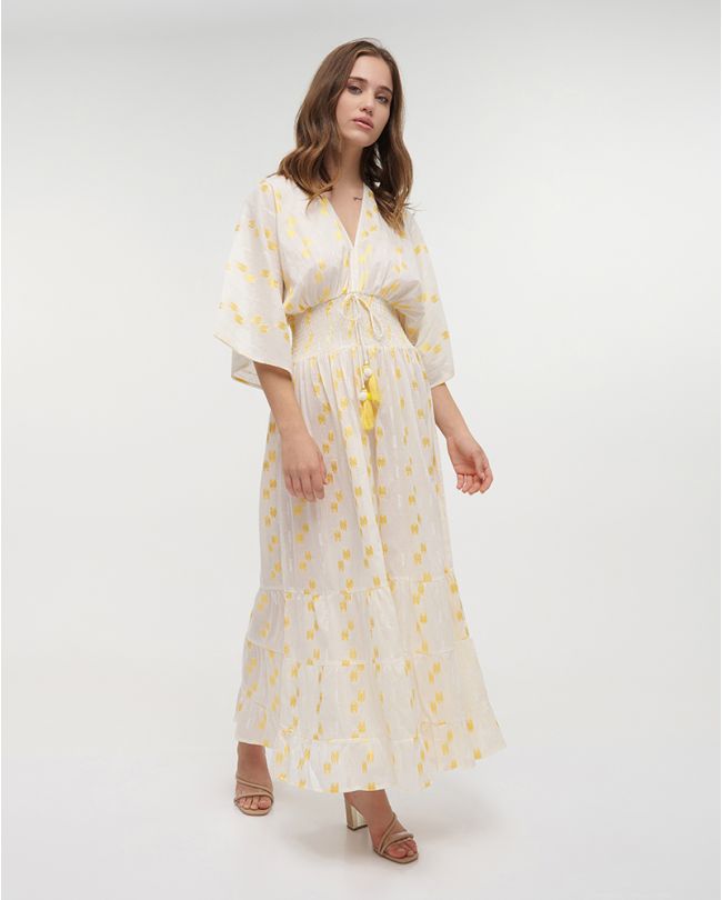 LONG DRESS WITH 3/4 SLEEVES IN WHITE/YELLOW COLOR ONE SIZE (100% COTTON)