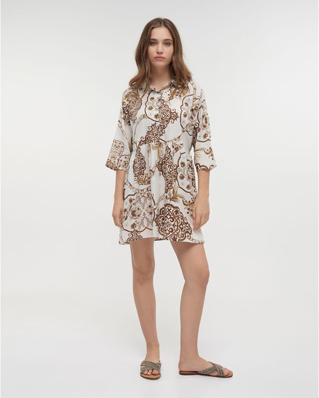 DRESS/KAFTAN IN WHITE/BROWN COLOR ONE SIZE (100% COTTON)