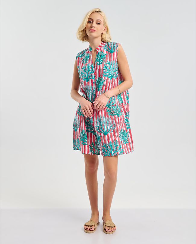 SLEEVELESS WHITE/RED KAFTAN WITH GREEN DETAILS S/M (100% COTTON)