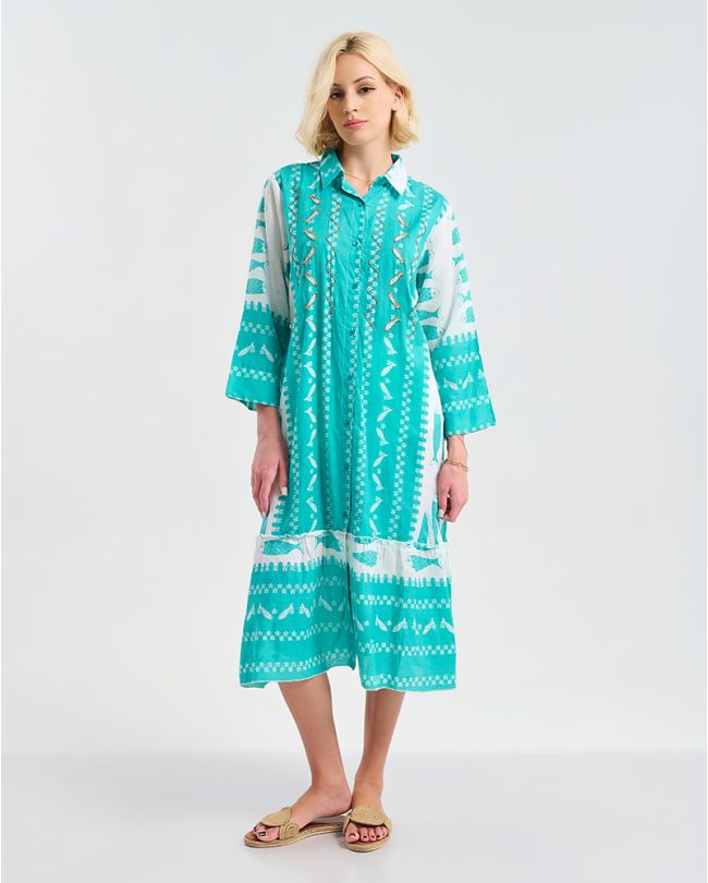 LONG DRESS TURQUOISE/WHITE WITH PATTERNS ONE SIZE (100% COTTON)