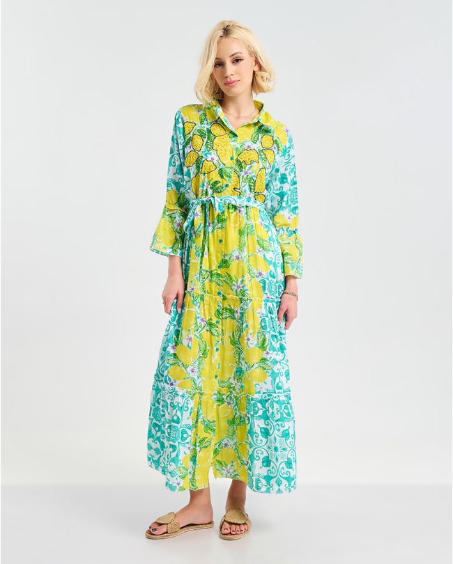 ΦΟΡΕΜΑ ΜΑΚΡΥ ΜΠΛΕ/ΛΕΥΚΌ ΜΕ ΚΊΤΡΙΝΕΣ/ΠΡΑΣΙΝΕΣ ΛΕΠΤΟΜΕΡΕΙΕΣ S/M ( 100% COTTON)