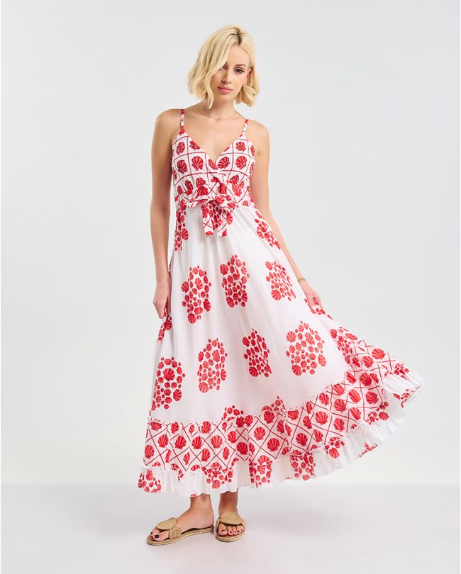 ΦΟΡΕΜΑ ΜΑΚΡΥ ΛΕΥΚΌ ΜΕ ΤΙΡΑΝΤΕΣ ΜΕ ΚΟΚΚΙΝΑ ''ΚΟΧΥΛΙΑ'' ONE SIZE ( 100% COTTON)